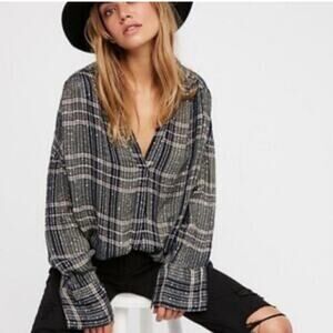 Free People Fearless Love Tunic Top Sequin Accents Black Plaid Oversized Size XS